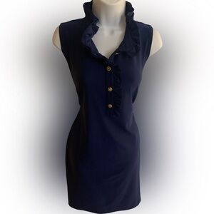Katherine Way Ruffle neck Dress - M navy , cotton spandex